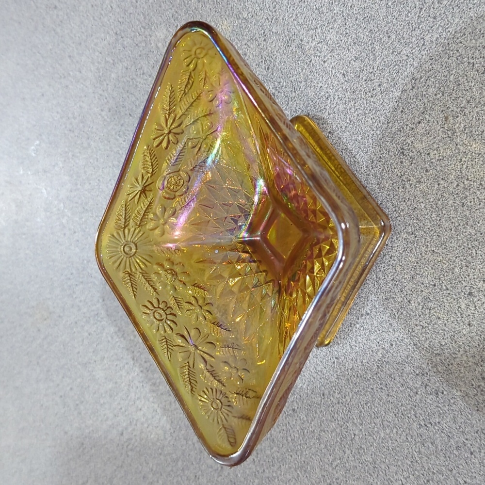 Vintage Indiana Glass Iridescent Amber Diamond Shape Pedestal Compote Dish Bowl